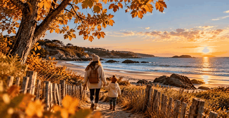 Famille en balade au bord de la mer pendant un séjour en camping en automne