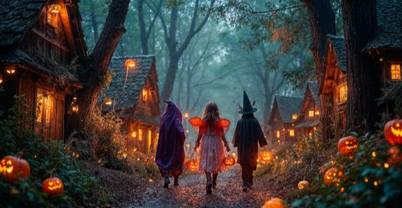 Enfants déguisés pour Halloween marchant dans un village forestier illuminé de citrouilles et de lanternes.