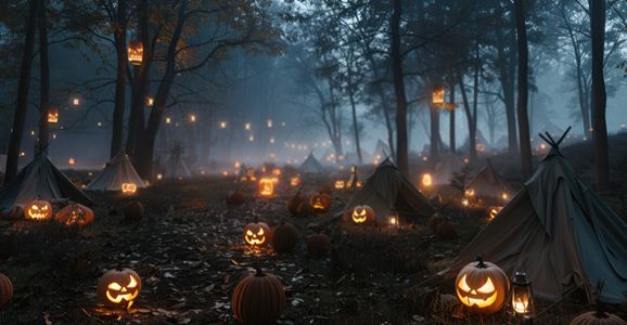 Camping décoré pour Halloween avec des citrouilles lumineuses et des lanternes suspendues dans une forêt au crépuscule.