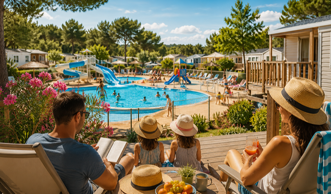 Famille profitant d'un camping avec parc aquatique et piscine pendant une journée de canicule.