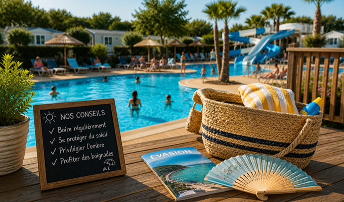 Conseils pour rester au frais en camping pendant la canicule au bord d'une piscine avec parc aquatique.