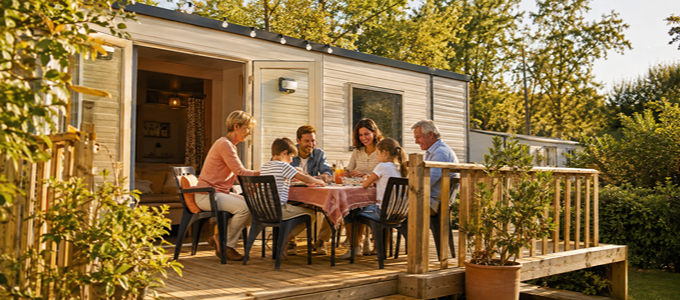 Grands-parents, parents et enfants jouent ensemble sur la terrasse de leur mobil-home.