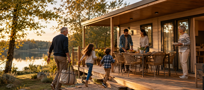 Trois générations arrivent dans un mobil-home au bord d’un lac pour leurs vacances en famille.