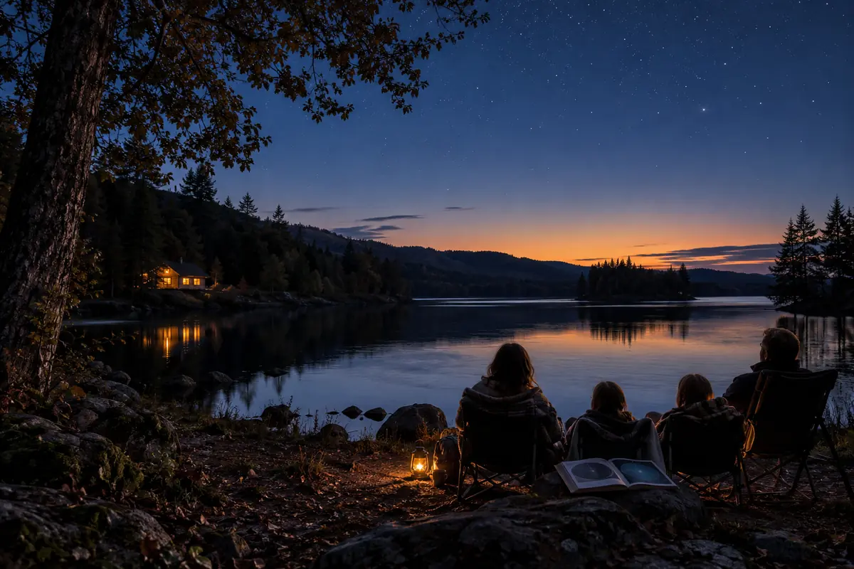 Famille observant les étoiles au bord d’un lac près d’un hébergement éclairé