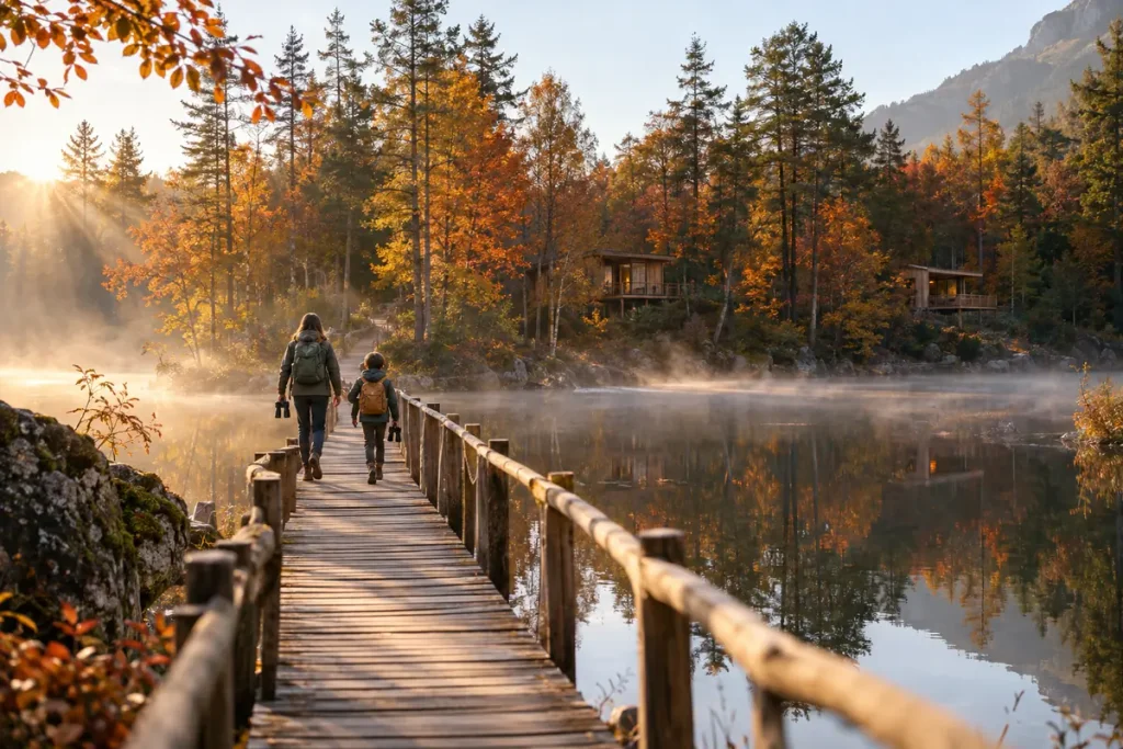 Parent et enfant rejoignant des cabanes au bord d’un lac pendant une matinée d’automne