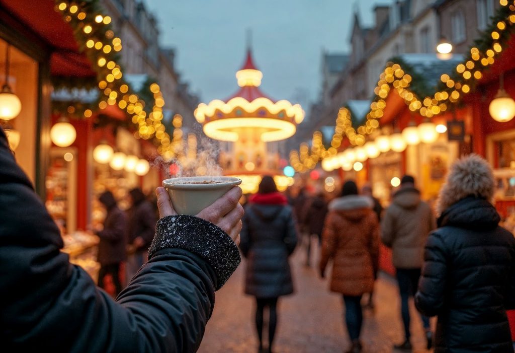 Personne tenant une boisson chaude dans un marché de Noël illuminé, ambiance hivernale idéale pour un séjour en camping proche des marchés de Noël.