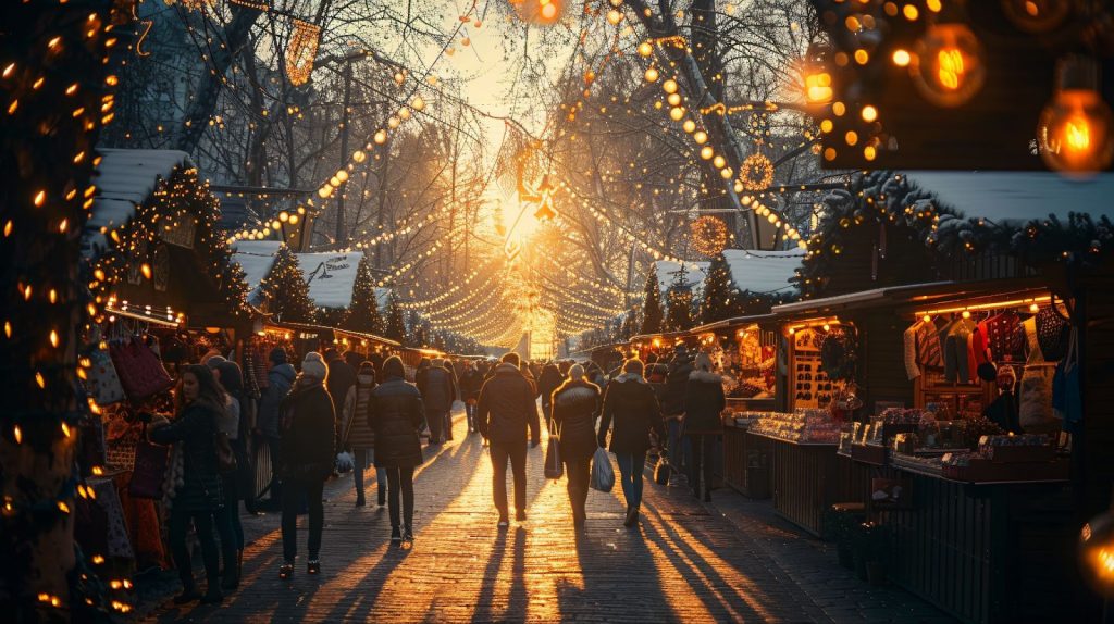 Allée de marché de Noël au coucher du soleil avec illuminations festives, parfait pour découvrir les marchés depuis un camping à proximité.