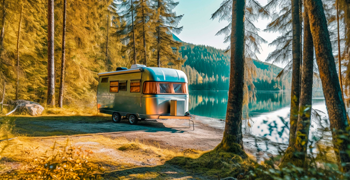 Caravane installée au bord d’un lac entouré de forêt
