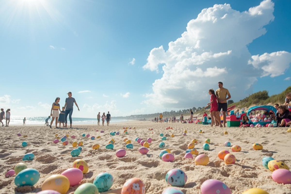 Chasse aux œufs colorés sur une plage