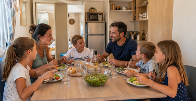 Famille nombreuse partageant un repas autour de la table dans un mobil-home tout confort au camping
