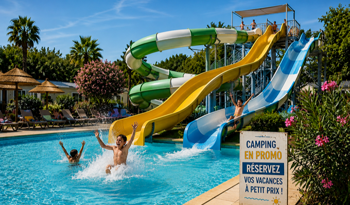 Camping avec parc aquatique et grands toboggans, idéal pour des vacances d'été à petit prix en famille.
