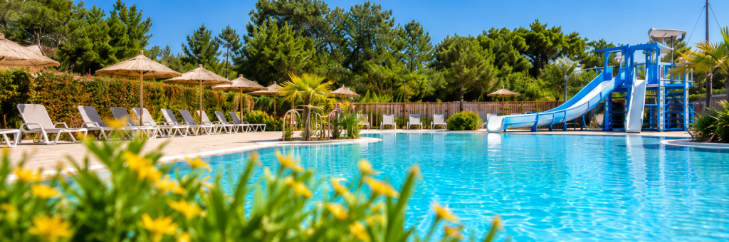 Camping avec piscine, toboggans aquatiques et transats, idéal pour un séjour de dernière minute en famille.