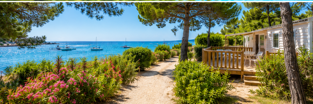 Mobil-home avec terrasse dans un camping en bord de mer, entouré de pins et offrant un accès à la plage.