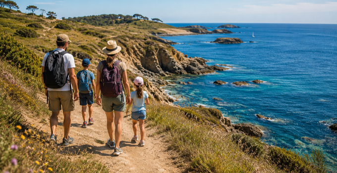 Famille en randonnée sur un sentier côtier avec vue sur la mer pendant les vacances