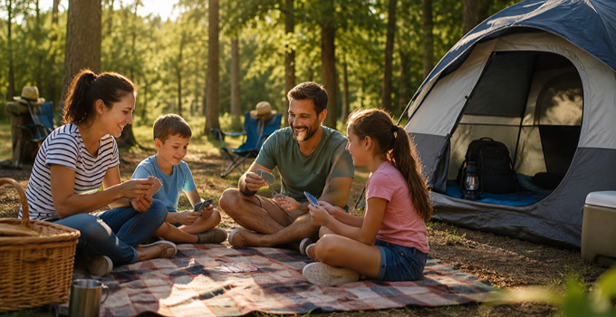 Famille jouant aux cartes en plein air devant une tente de camping