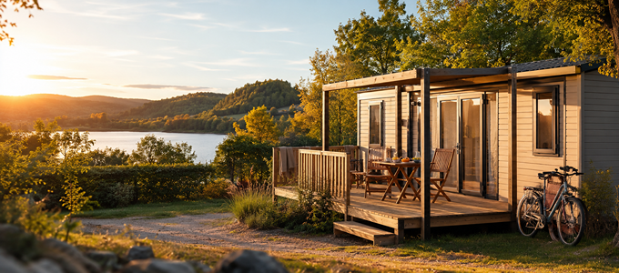 Mobil-home avec terrasse au bord d’un lac pendant l’arrière-saison.
