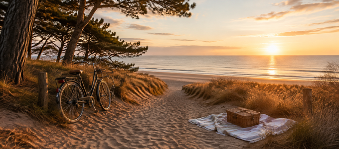 Vélos et panier de pique-nique face à une plage calme au coucher du soleil.
