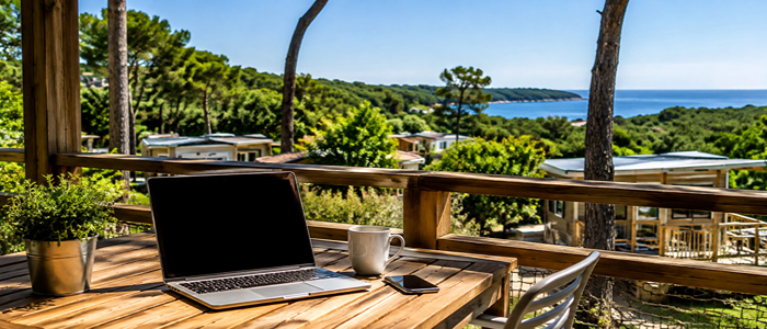 Ordinateur portable installé sur la terrasse d'un mobil-home avec vue sur un camping arboré et la mer, illustrant le télétravail en vacances.