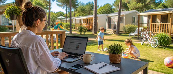 Maman en télétravail sur la terrasse d'un mobil-home pendant que ses enfants jouent dans un camping arboré avec aire de jeux à proximité.